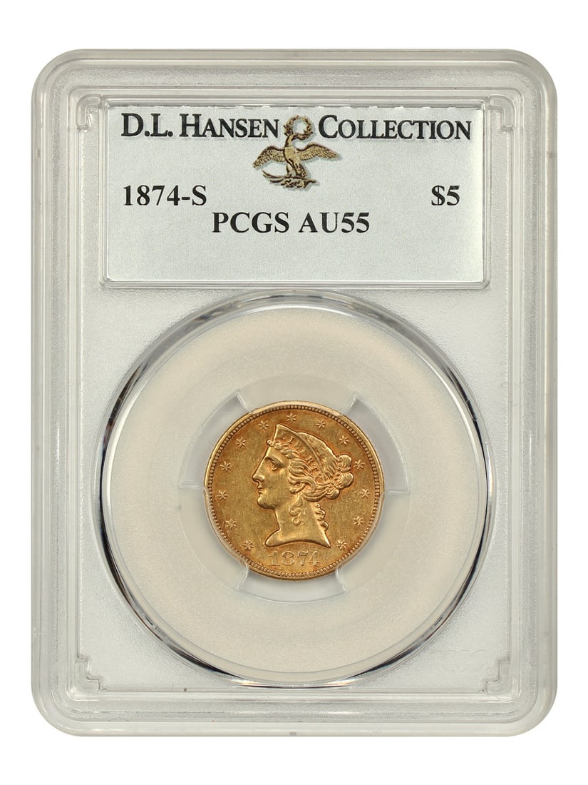1874-S Liberty Head $5 Gold Coin PCGS AU55 D.L. Hansen: 1874-S Liberty Head $5 Gold Coin PCGS AU55 D.L. Hansen This 1874-S Liberty Head $5 gold coin is a notable addition to any collection, certified by PCGS with an AU55 grade. Struck at the San Francisco 