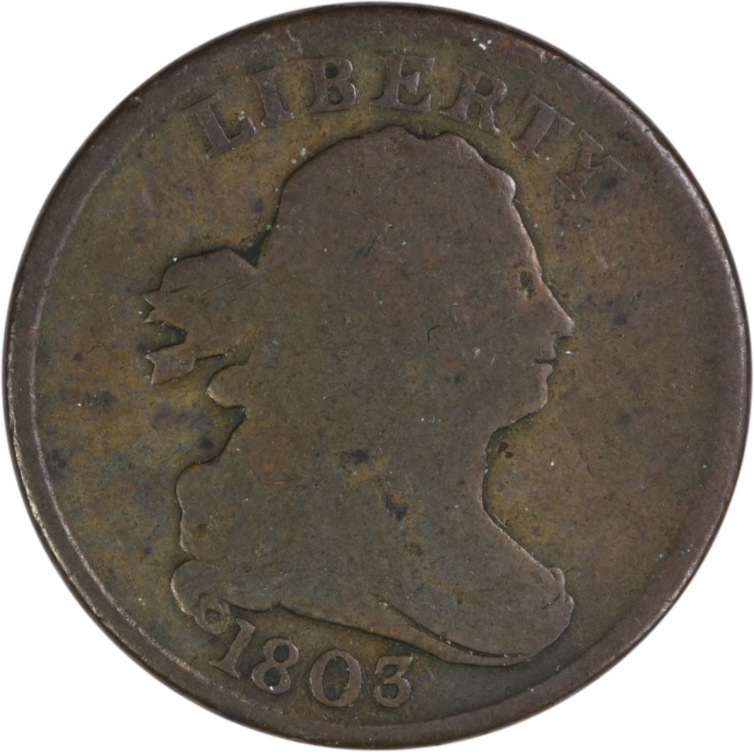 1803 Draped Bust Half Cent Copper Coin Philadelphia Uncertified: 1803 Draped Bust Half Cent Copper Coin Philadelphia Uncertified This 1803 Draped Bust Half Cent is a circulated coin from the Philadelphia Mint. Designed by Robert Scot, it is composed of copper and f