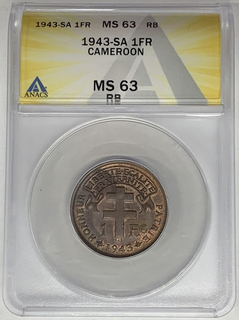 ANACS MS 63 RB 1943-SA Cameroon 1 Franc Copper Coin (1 of 2)