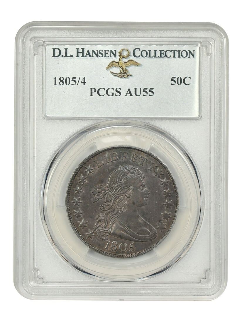 1805/4 Draped Bust Half Dollar PCGS AU55 Scarce Overdate: 1805/4 Draped Bust Half Dollar PCGS AU55 Scarce Overdate This 1805/4 Draped Bust Half Dollar is a remarkable piece of numismatic history. Certified by PCGS with a grade of AU55, this coin showcases a 