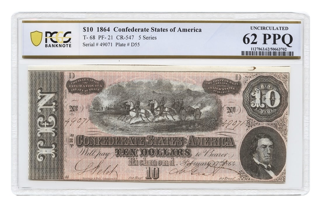 1864 Confederate States $10 PCGS UNC62 EPQ Civil War Era Banknote (1 of 2)