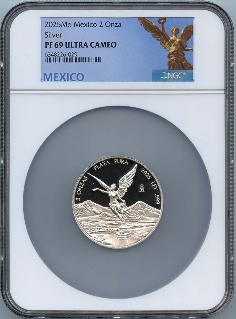 2025 Mexico 2 Onza Libertad Silver NGC PF69UC Low Mintage: 2025 Mexico 2 Onza Libertad Silver NGC PF69UC Low Mintage This 2025 Mo Mexico 2 Onza Libertad Silver coin is in uncirculated condition and has achieved a stunning NGC PF69UC grade. With a low mintage 