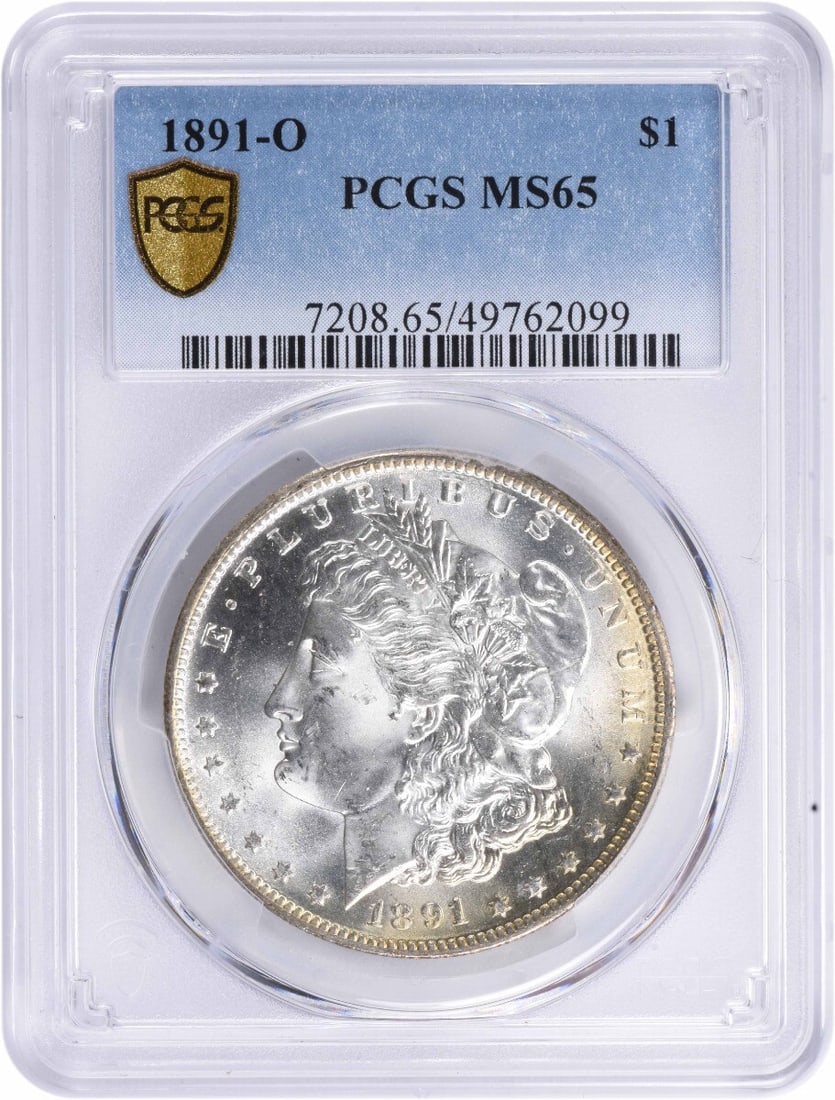 1891-O Morgan Silver Dollar MS65 PCGS Uncirculated Coin: 1891-O Morgan Silver Dollar MS65 PCGS Uncirculated Coin This 1891-O Morgan Silver Dollar is a stunning example of numismatic craftsmanship, graded MS65 by PCGS. Featuring a composition of 90% silver a