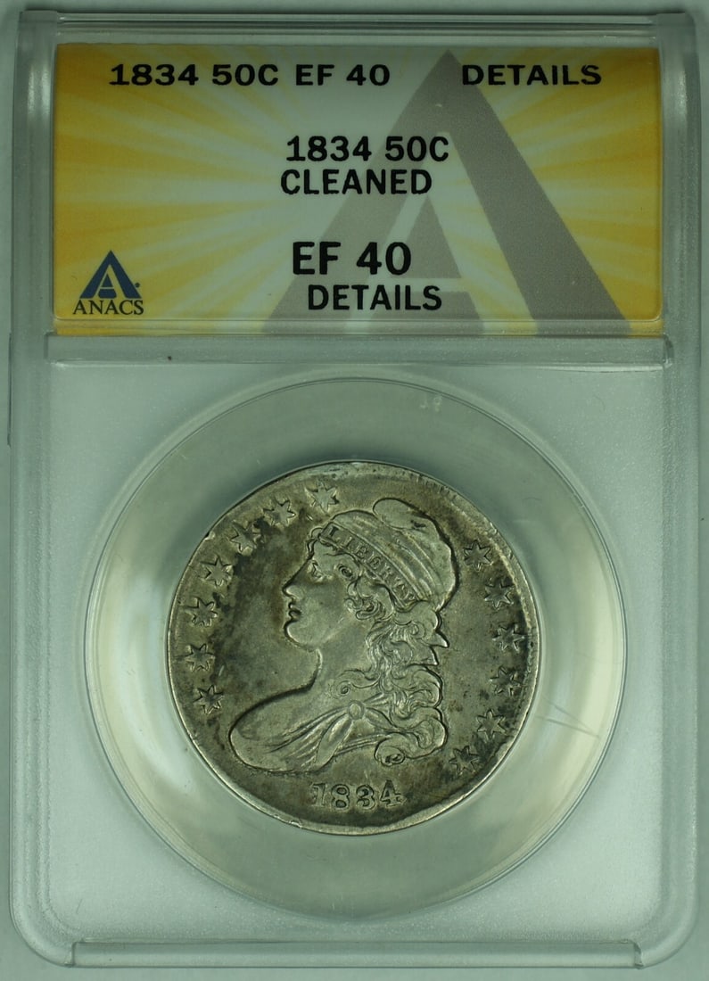 1834 Capped Bust Half Dollar 50C ANACS XF 40 Certified Coin: 1834 Capped Bust Half Dollar 50C ANACS XF 40 Certified Coin This is an 1834 Capped Bust Half Dollar graded XF 40 Details by ANACS. The coin is circulated and originates from the United States. It has 