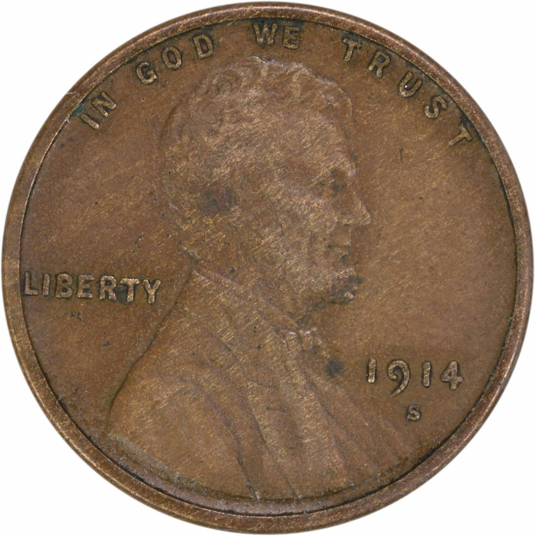 1914 San Francisco Mint Lincoln Wheat Cent in Extra Fine Copper Uncertified: 1914 San Francisco Mint Lincoln Wheat Cent in Extra Fine Copper Uncertified This 1914-S Lincoln Wheat Cent is a circulated coin from the United States, featuring the San Francisco mint mark. It is com