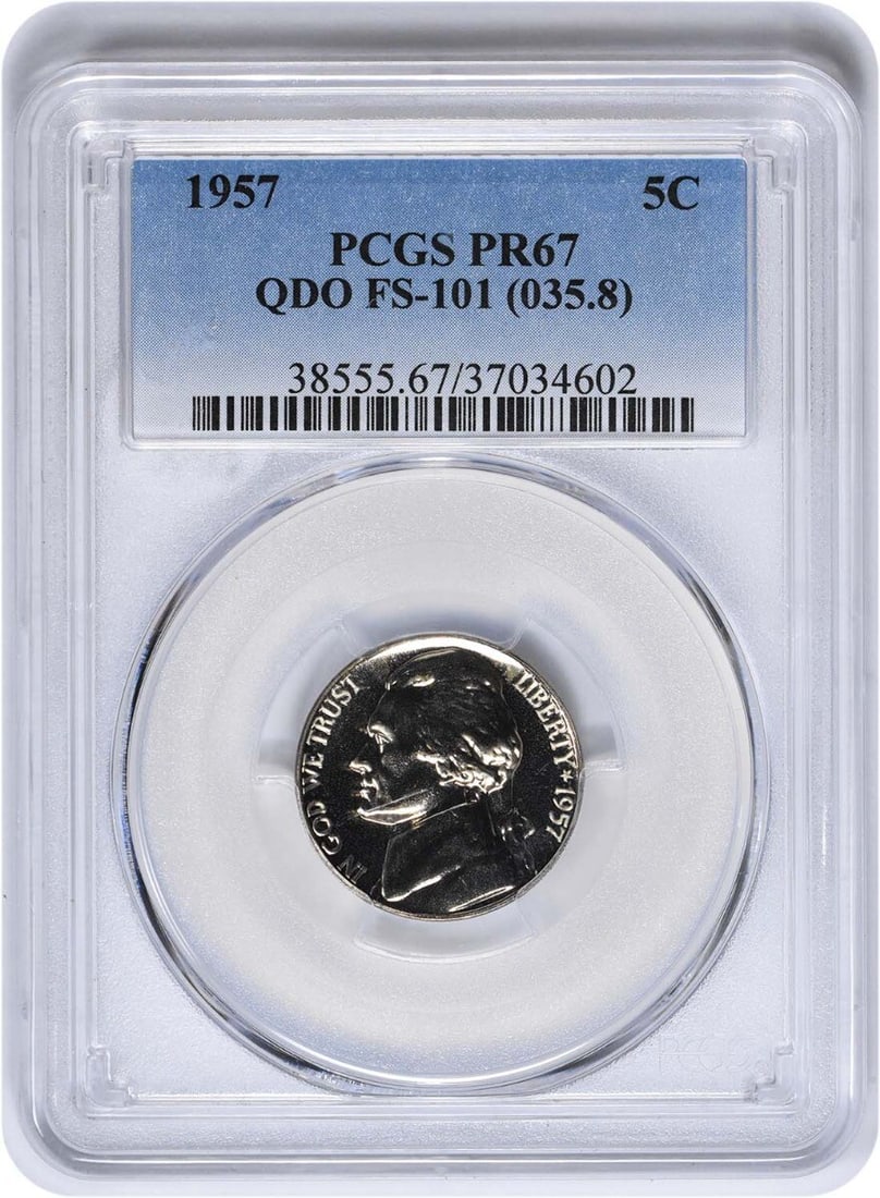 1957 Jefferson Nickel PR67 PCGS Uncirculated Proof Coin: 1957 Jefferson Nickel PR67 PCGS Uncirculated Proof Coin This 1957 Jefferson Nickel is a remarkable proof coin, certified by PCGS with a grade of PR67, ensuring its high quality. Struck in Philadelphia