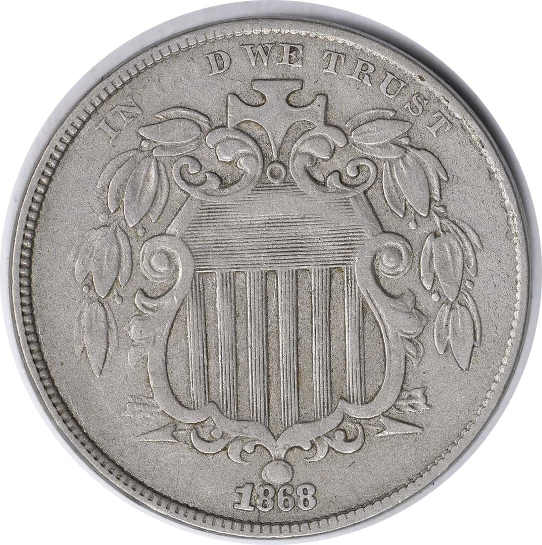 1868 Shield Nickel Var 1 FS-901 EF Uncertified 5C: 1868 Shield Nickel Var 1 FS-901 EF Uncertified 5C Presenting the 1868 Shield Nickel, a notable coin designed by James Barton Longacre. This circulated piece, minted in Philadelphia, showcases a beauti