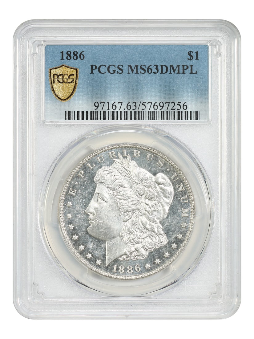 1886 Morgan Silver Dollar PCGS MS63DMPL Deep Mirror Uncirculated: 1886 Morgan Silver Dollar PCGS MS63DMPL Deep Mirror Uncirculated This 1886 Morgan Dollar is graded MS63DMPL by PCGS, featuring deep mirror proof-like surfaces that are notably scarce for this date. St