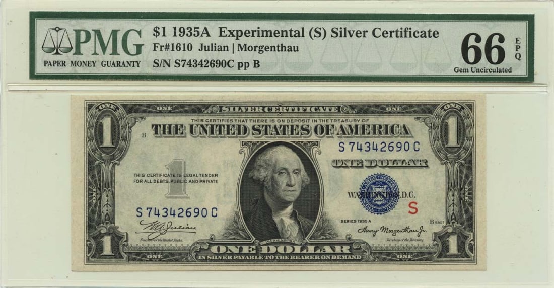 1935A $1 Experimental Silver Certificate Fr# 1610 PMG Gem 66: 1935A $1 Experimental Silver Certificate Fr# 1610 PMG Gem 66 This 1935A $1 Experimental Silver Certificate is a rare collectible, certified by PMG with a remarkable grade of Gem 66 EPQ. The note is un