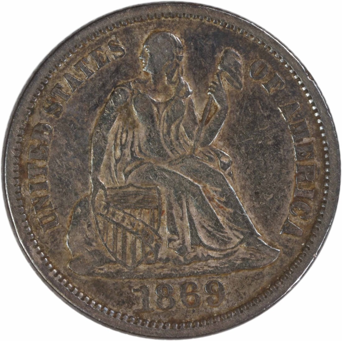 1869 Seated Liberty Dime Extra Fine Grade Philadelphia Uncertified: 1869 Seated Liberty Dime Extra Fine Grade Philadelphia Uncertified This 1869 Liberty Seated Silver Dime was struck in Philadelphia and features the classic design by Christian Gobrecht. Comprised of 9