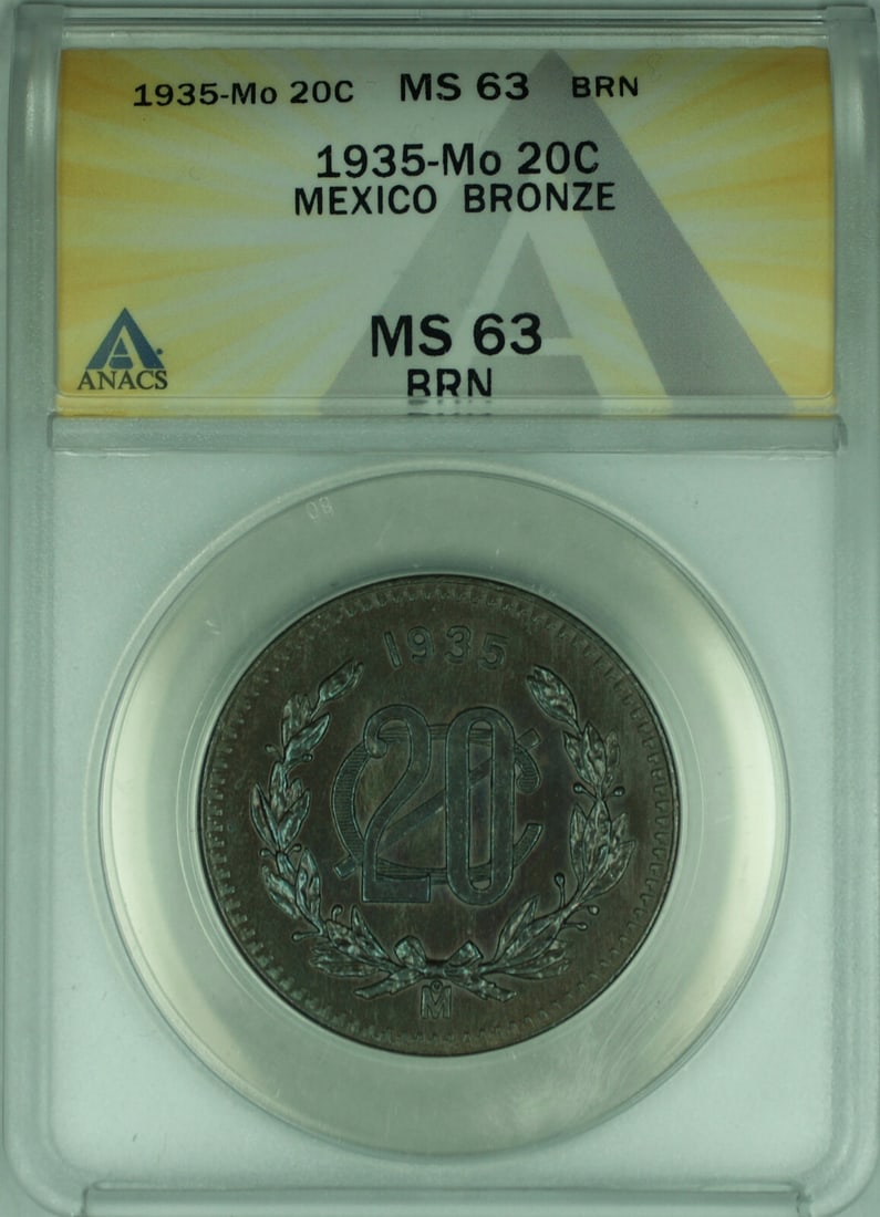 Mexico 1935 Bronze 20 Centavos Coin ANACS MS-63 Brown Certified: Mexico 1935 Bronze 20 Centavos Coin ANACS MS-63 Brown Certified This 1935-Mo 20 Centavos coin from Mexico is composed of bronze and graded MS-63 Brown by ANACS. The coin is uncirculated and features t