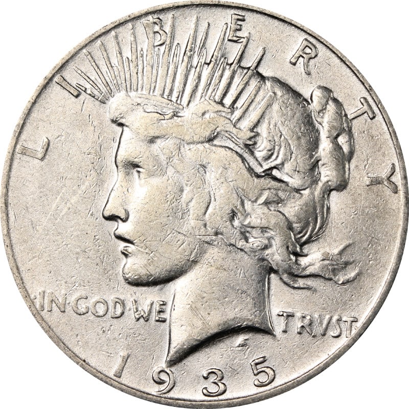 Silver Circulated 1935 San Francisco Peace Dollar Coin United States: Silver Circulated 1935 San Francisco Peace Dollar Coin United States This is a 1935-S Peace Dollar from the United States. It is a circulated, pre-owned coin composed of silver with a fineness of 0.9,