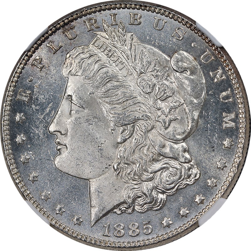NGC MS62 PL 1885 Philadelphia Morgan Dollar Silver Uncirculated Coin: NGC MS62 PL 1885 Philadelphia Morgan Dollar Silver Uncirculated Coin This 1885-P Morgan Silver Dollar is graded NGC MS62 PL, showcasing attractive luster, bright white color, and excellent mirrored su