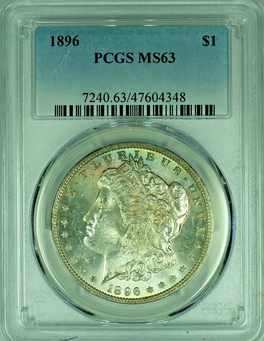 PCGS MS 63 1896 Morgan Silver Dollar with Light Colorful Toning: PCGS MS 63 1896 Morgan Silver Dollar with Light Colorful Toning This 1896 Morgan Silver Dollar features a light, colorful tone and has been certified by PCGS with a grade of MS 63. Struck in the Unite