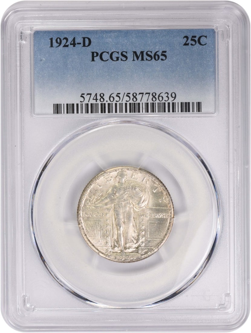 MS65 PCGS 1924-D Standing Liberty 25 Cent Silver Coin: MS65 PCGS 1924-D Standing Liberty 25 Cent Silver Coin This is a 1924-D Standing Liberty Silver Quarter graded MS65 by PCGS. The coin was minted in Denver and is composed of silver. It remains in an un