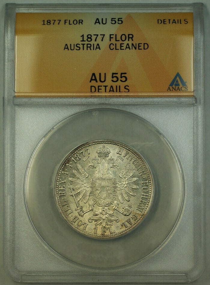 Austria 1877 Francis Joseph I 1 Florin Silver Coin ANACS AU-55: Austria 1877 Francis Joseph I 1 Florin Silver Coin ANACS AU-55 This 1877 Austria 1 Florin silver coin features Francis Joseph I and has been graded AU-55 Details by ANACS. The coin is composed of silv