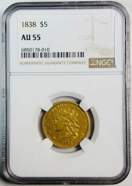 1838 Classic Head $5 Gold Coin NGC AU 55 Certified: 1838 Classic Head $5 Gold Coin NGC AU 55 Certified This 1838 Classic Head $5 Gold Half Eagle is certified by NGC with a grade of AU 55. Struck in gold, this circulated coin originates from the USA and