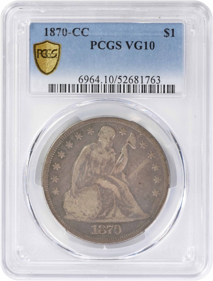 PCGS Graded 1870 Carson City Seated Liberty Silver Dollar VG10: PCGS Graded 1870 Carson City Seated Liberty Silver Dollar VG10 This 1870-CC Liberty Seated Silver Dollar is graded VG10 by PCGS and was struck at the Carson City Mint. Composed of 90% silver and 10% c