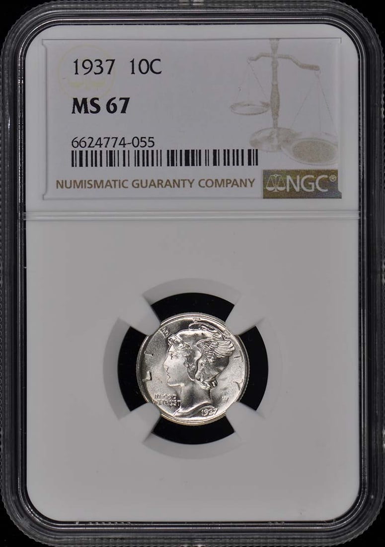 1937 Mercury Dime NGC MS67 Uncirculated Philadelphia Coin: 1937 Mercury Dime NGC MS67 Uncirculated Philadelphia Coin This 1937 Mercury Dime is a stunning example certified by NGC with a remarkable grade of MS67, indicating its uncirculated condition. Minted i