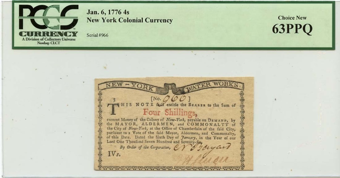 New York 4 Shillings Colonial Currency January 6 1776 PCGS CU63 PPQ (1 of 2)