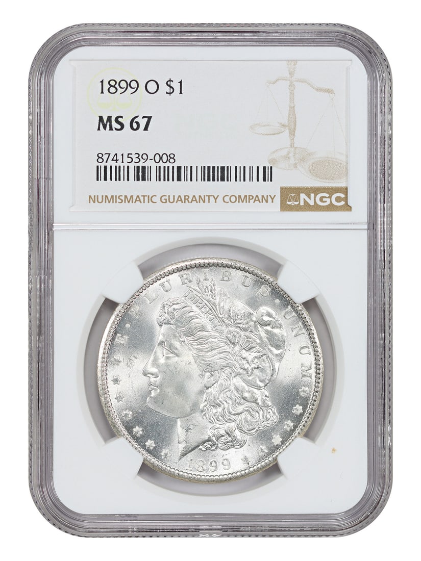 NGC MS67 1899 New Orleans Mint Morgan Silver Dollar: NGC MS67 1899 New Orleans Mint Morgan Silver Dollar This 1899-O Morgan Dollar is graded MS67 by NGC, indicating an uncirculated condition. Minted in New Orleans, this popular O-Mint Morgan Dollar is a