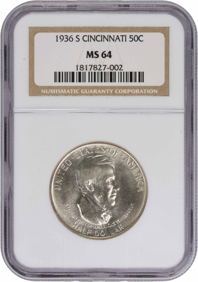 1936-S Commemorative Half Dollar MS64 NGC Certified Silver Coin: 1936-S Commemorative Half Dollar MS64 NGC Certified Silver Coin This 1936-S Cincinnati Commemorative Silver Half Dollar is graded MS64 by NGC. Struck at the San Francisco Mint, this uncirculated coin 
