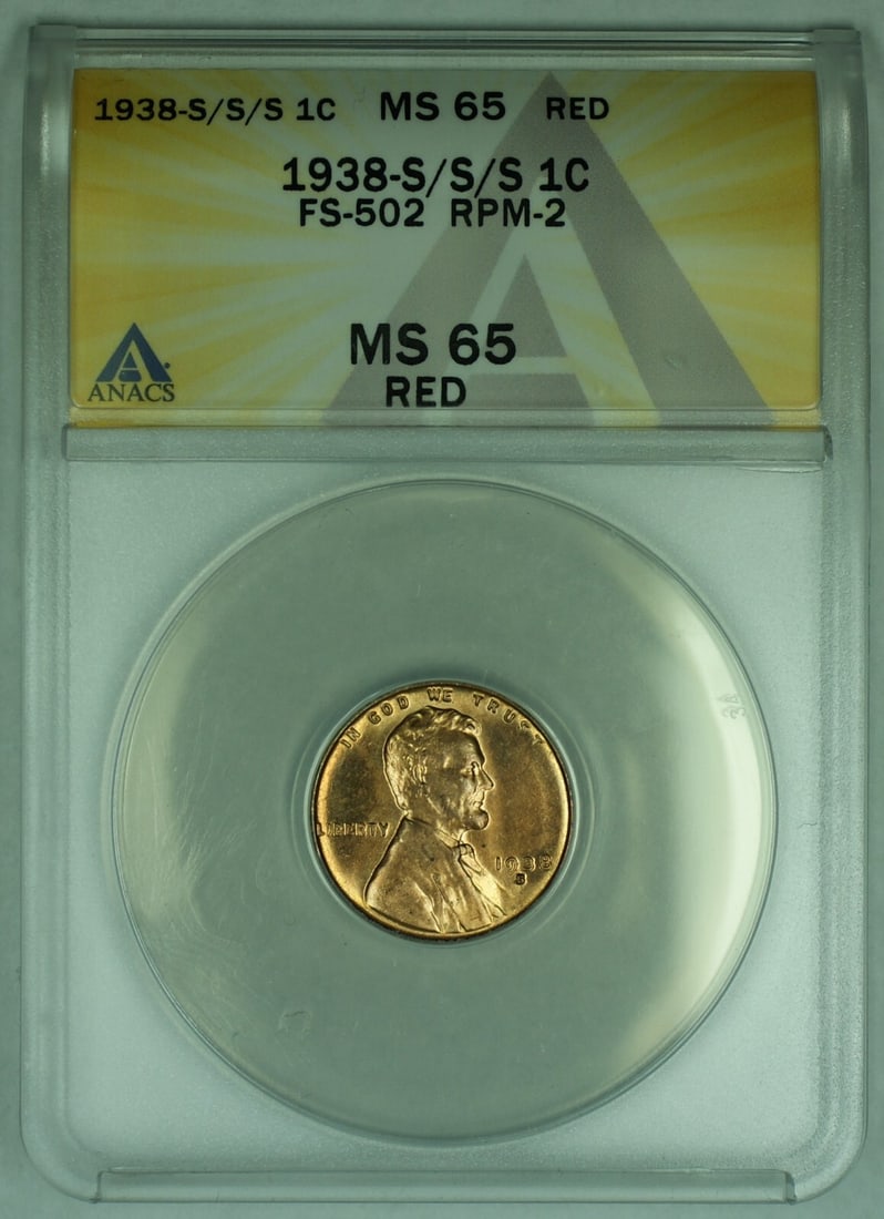 1938-S Over S Lincoln Wheat Cent FS-502 ANACS MS 65 Red: 1938-S Over S Lincoln Wheat Cent FS-502 ANACS MS 65 Red This is a 1938-S/S/S Lincoln Wheat Cent 1C Coin, featuring the FS-502 variety. Graded MS 65 RD by ANACS, this uncirculated small cent originates