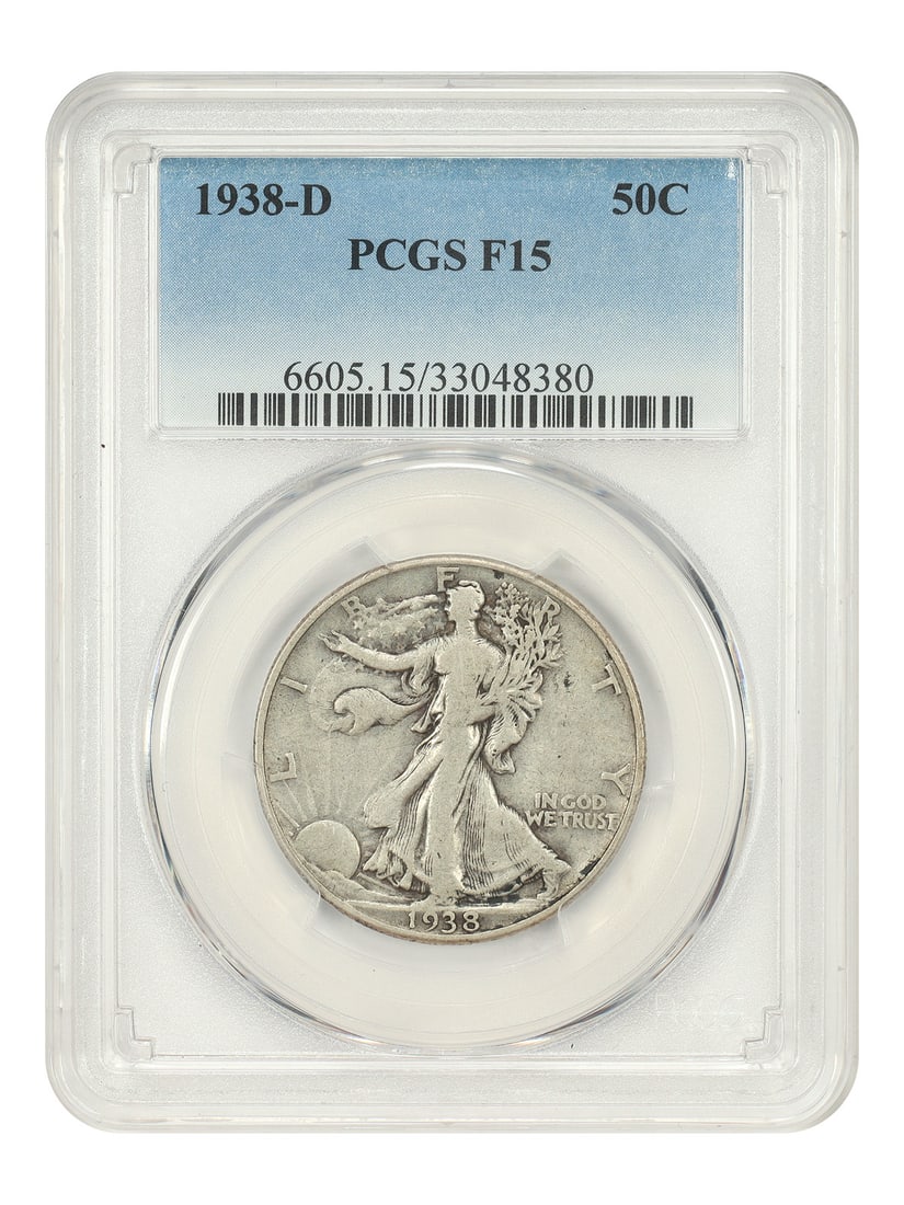 PCGS Fine 15 1938-D Walking Liberty Half Dollar Scarce Denver Mint: PCGS Fine 15 1938-D Walking Liberty Half Dollar Scarce Denver Mint This 1938-D Walking Liberty Half Dollar is a circulated coin certified by PCGS with a grade of Fine 15. Minted in Denver, this piece 