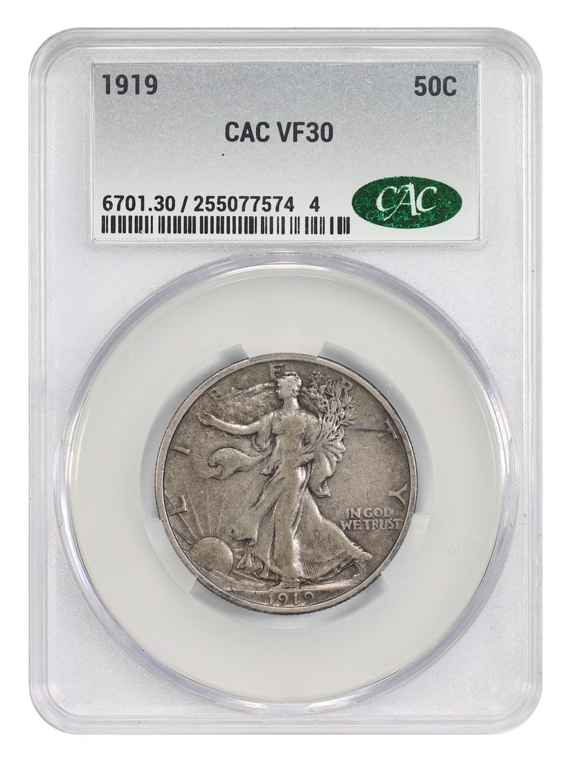 1919 Walking Liberty Half Dollar CACG VF30 Philadelphia Scarce Early Issue: 1919 Walking Liberty Half Dollar CACG VF30 Philadelphia Scarce Early Issue This 1919 Walking Liberty Half Dollar is a scarce early example from the Philadelphia Mint. Certified by CACG with a VF30 gra