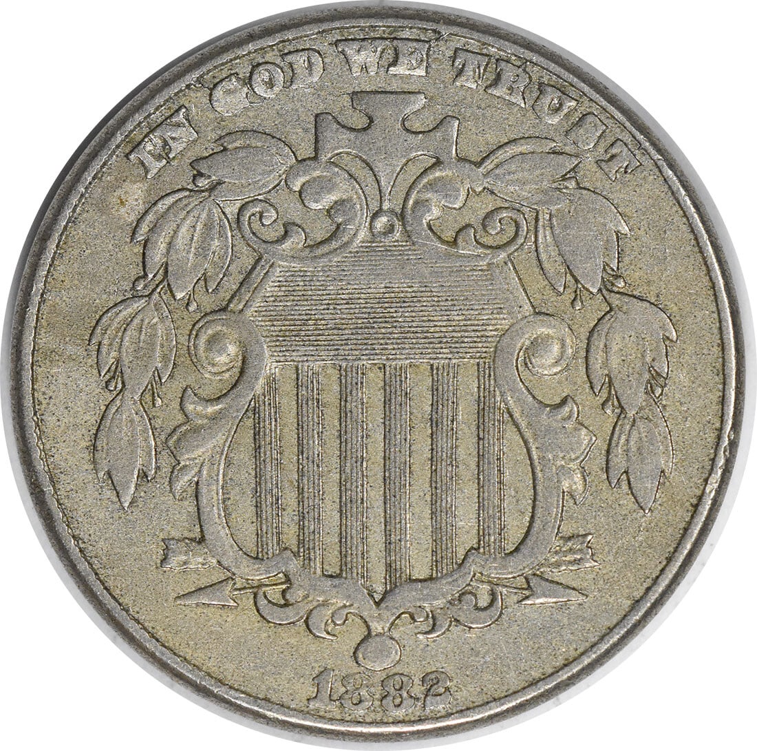 1882 Shield Nickel AU Uncertified 5C Philadelphia Coin: 1882 Shield Nickel AU Uncertified 5C Philadelphia Coin This 1882 Shield Nickel features a high-quality AU grade, reflecting its well-preserved state despite being circulated. Minted in Philadelphia, t