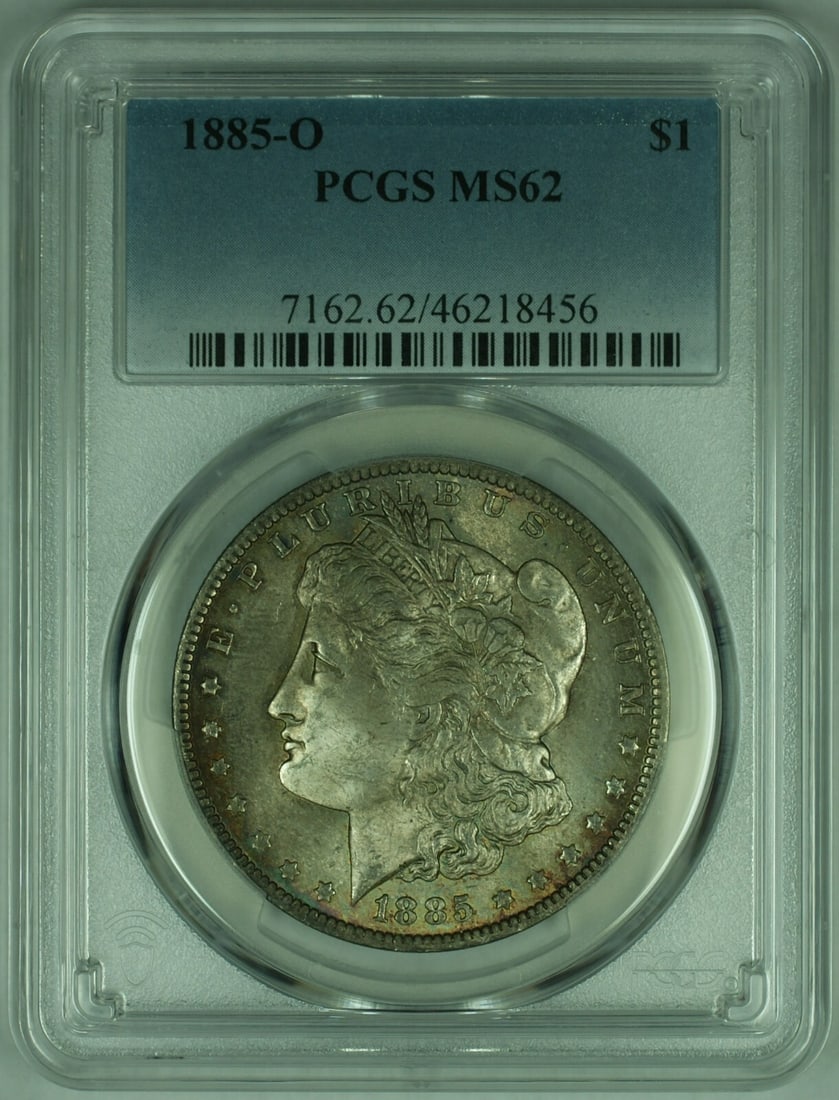 PCGS MS-62 1885-O Morgan Dollar New Orleans Silver Coin with Toning: PCGS MS-62 1885-O Morgan Dollar New Orleans Silver Coin with Toning This 1885-O Morgan Silver Dollar is certified by PCGS with a grade of MS-62. Minted in New Orleans, this uncirculated coin features 