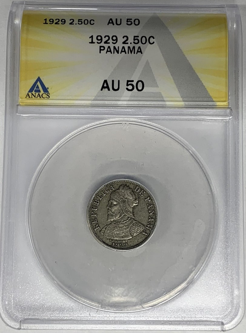 1929 Panama Silver 2.50 Centesimos ANACS AU 50 Certified Coin: 1929 Panama Silver 2.50 Centesimos ANACS AU 50 Certified Coin This is a 1929 Panama 2.50 centesimos coin certified by ANACS with a grade of AU 50. The coin is composed of silver and has been previousl