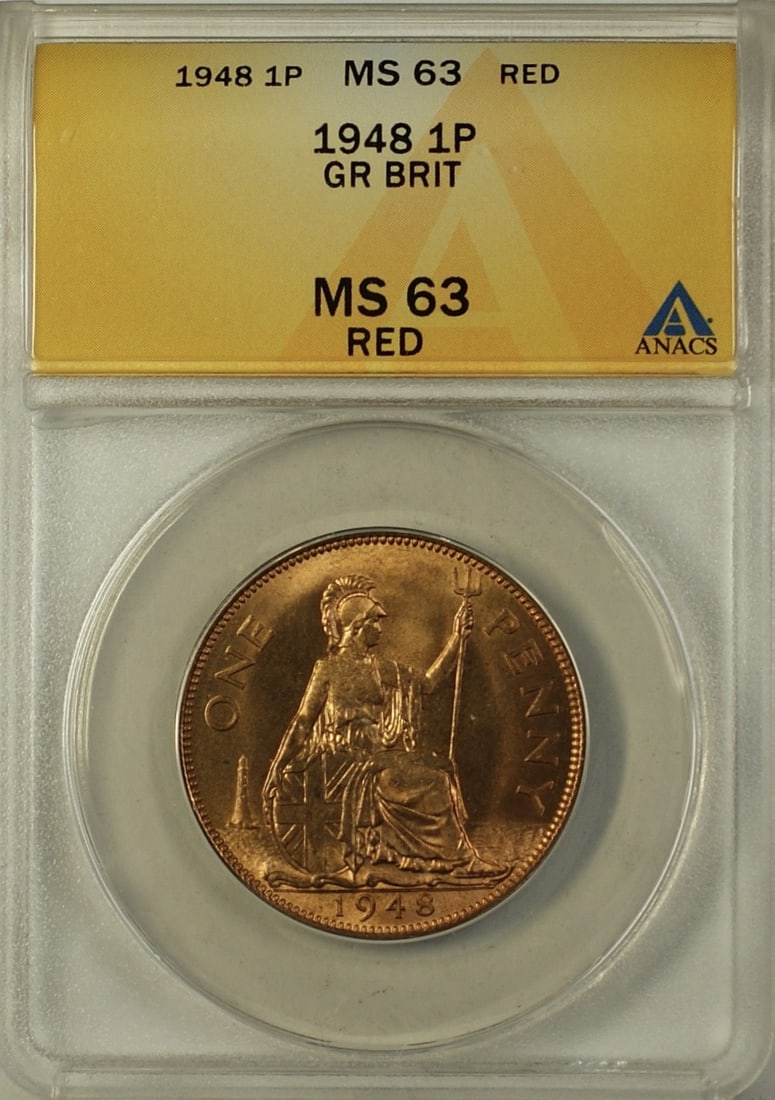 1948 Copper One Penny Coin from Great Britain ANACS MS-63 Red: 1948 Copper One Penny Coin from Great Britain ANACS MS-63 Red This 1948 Great Britain One Penny coin is certified by ANACS with a grade of MS-63 Red. Struck in copper, this uncirculated coin is a coll