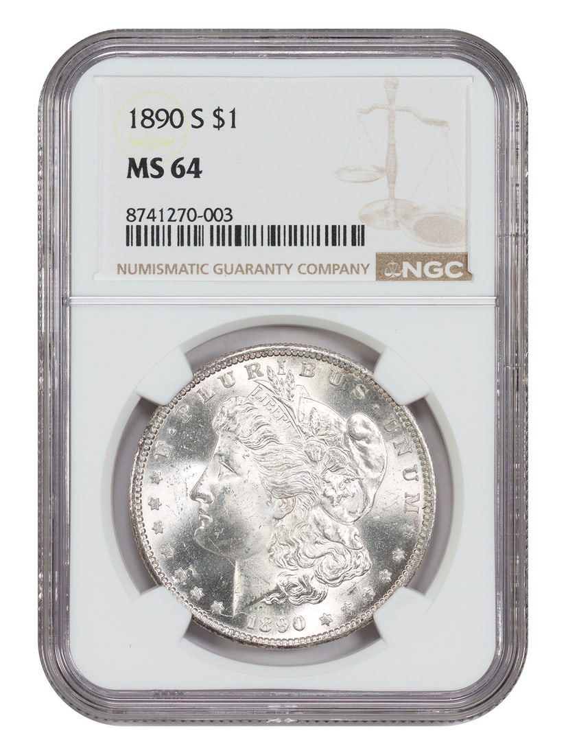 1890 San Francisco Morgan Silver Dollar NGC MS64 Certified: 1890 San Francisco Morgan Silver Dollar NGC MS64 Certified This is an 1890-S Morgan Dollar graded MS64 by NGC. The coin is uncirculated and was minted in San Francisco. It is part of the Morgan Dollar