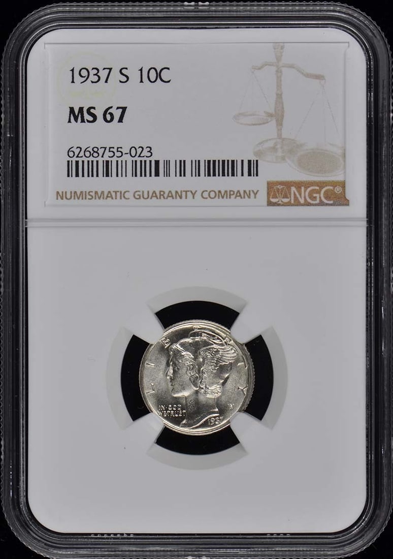 1937-S Mercury Dime NGC MS67 Uncirculated San Francisco: 1937-S Mercury Dime NGC MS67 Uncirculated San Francisco This 1937-S Mercury Dime is certified by NGC with a grade of MS67, indicating it is in uncirculated condition. This coin features a mint locatio