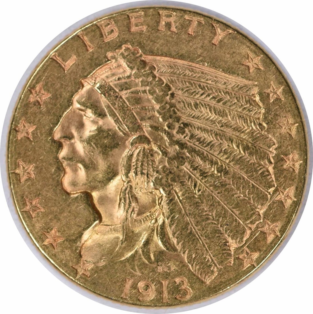 1913 $2.50 Gold Indian Coin AU by Bela Lyon Pratt Uncertified: 1913 $2.50 Gold Indian Coin AU by Bela Lyon Pratt Uncertified This 1913 $2.50 Gold Indian coin features a beautiful design by Bela Lyon Pratt. It is classified as AU (About Uncirculated) and is made f