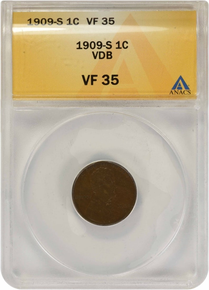 ANACS VF35 1909-S VDB Lincoln Wheat Copper Cent United States: ANACS VF35 1909-S VDB Lincoln Wheat Copper Cent United States This is a 1909-S VDB Lincoln Wheat Cent graded VF35 by ANACS. The coin is composed of copper and was minted in San Francisco. It is a circ