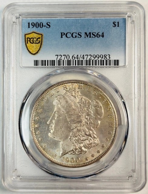 San Francisco 1900 Silver Dollar PCGS MS64 Uncirculated: San Francisco 1900 Silver Dollar PCGS MS64 Uncirculated This 1900 S Morgan Silver Dollar is certified by PCGS with a grade of MS 64, indicating a high-quality, uncirculated coin. Minted in San Francis