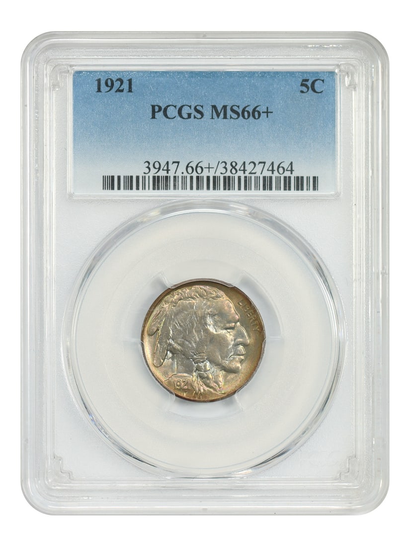 1921 Buffalo Nickel PCGS MS66 Plus Philadelphia Five Cent Coin: 1921 Buffalo Nickel PCGS MS66 Plus Philadelphia Five Cent Coin This 1921 Buffalo Nickel features a strong strike, bold luster, and impressive peripheral toning with a vibrant array of colors. Graded M