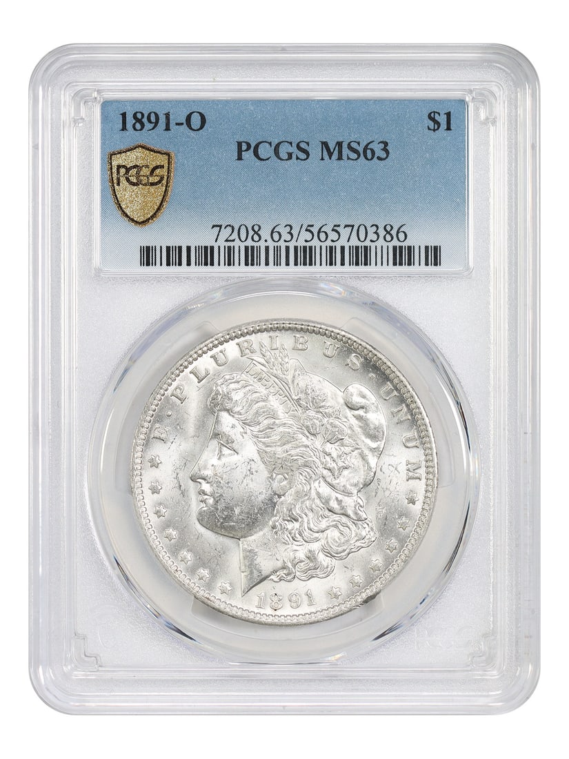 PCGS MS63 Graded 1891-O Morgan Silver Dollar Uncirculated: PCGS MS63 Graded 1891-O Morgan Silver Dollar Uncirculated This is an uncirculated 1891-O Morgan Dollar graded MS63 by PCGS. Struck at the New Orleans Mint, this pre-owned coin is part of the Morgan Do