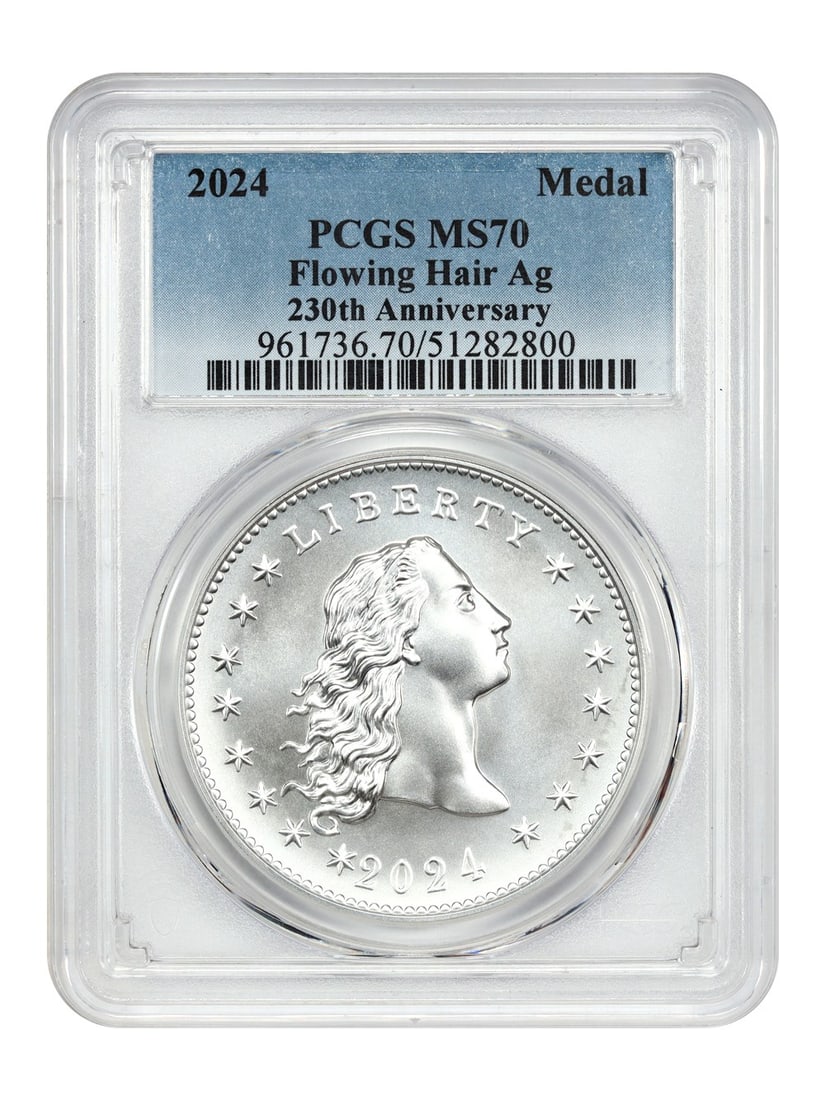 PCGS MS70 2024 Flowing Hair Silver Commemorative Medal 230th Anniversary: PCGS MS70 2024 Flowing Hair Silver Commemorative Medal 230th Anniversary This is a 2024 Flowing Hair Silver Medal graded MS70 by PCGS. Struck at the Philadelphia Mint, this uncirculated commemorative 