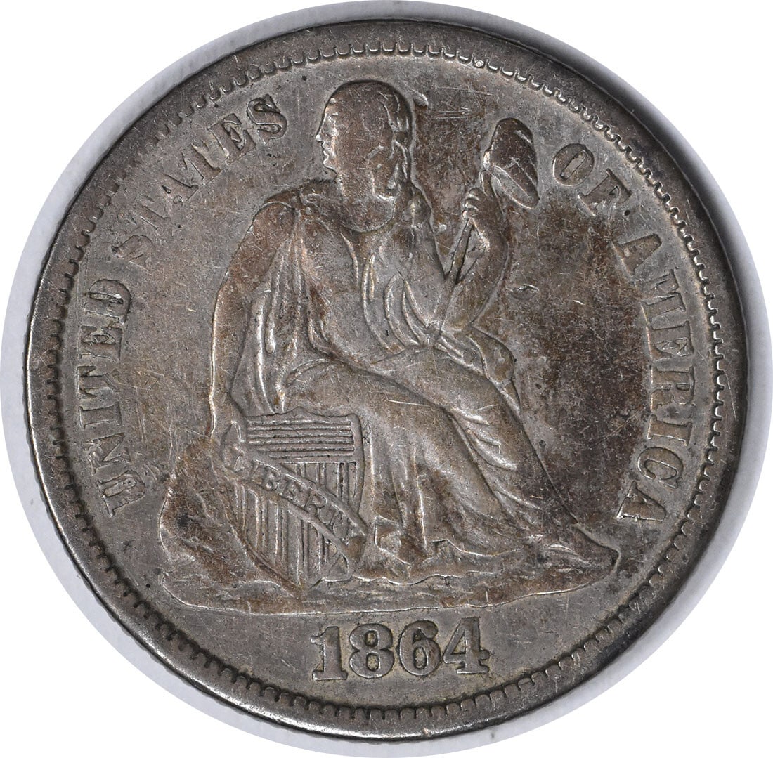 1864-S Liberty Seated Dime 90% Silver XF Uncertified San Francisco Mint: 1864-S Liberty Seated Dime 90% Silver XF Uncertified San Francisco Mint This 1864-S Liberty Seated Silver Dime is a captivating piece of numismatic history, showcasing the artistry of designer Christi