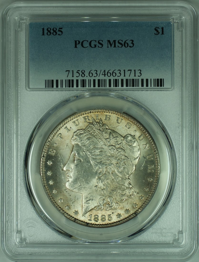 PCGS MS-63 1885 Morgan Dollar Philadelphia Silver Coin Light Toning: PCGS MS-63 1885 Morgan Dollar Philadelphia Silver Coin Light Toning This 1885 Morgan Silver Dollar features light toning and has been certified by PCGS with a grade of MS-63. Minted in Philadelphia, i