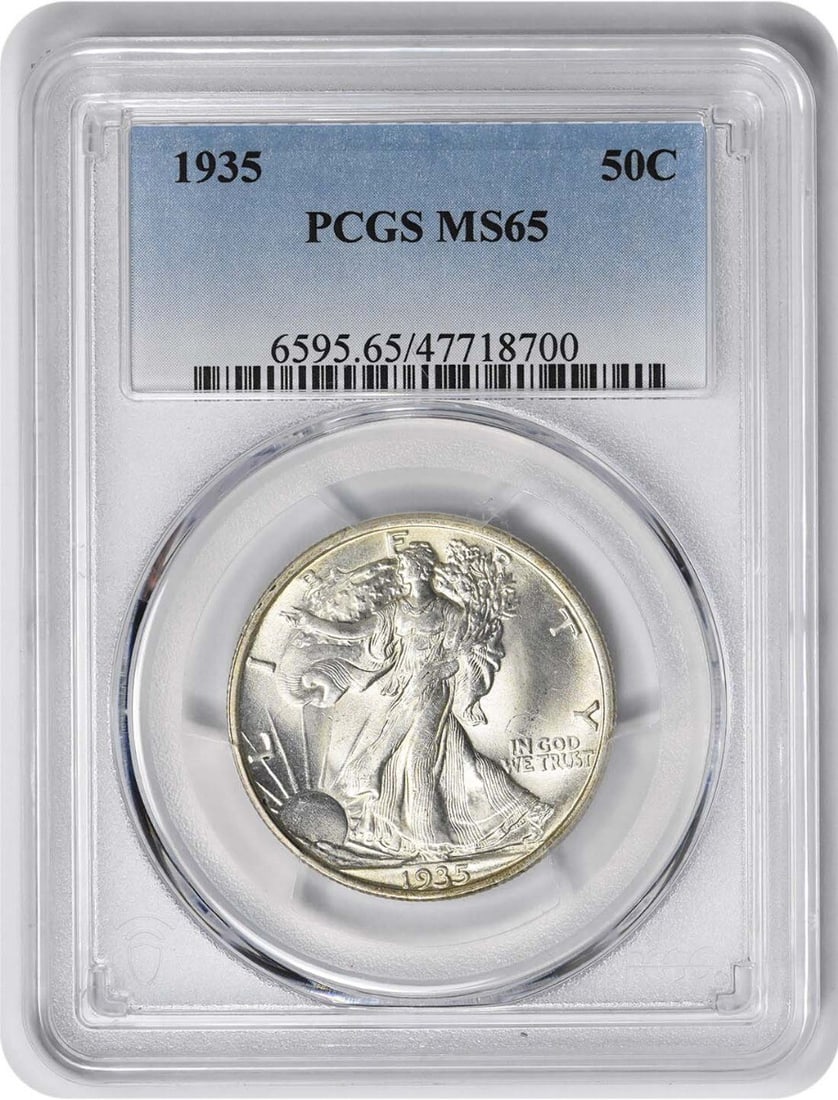 1935 Walking Liberty Silver Half Dollar MS65 PCGS Certified: 1935 Walking Liberty Silver Half Dollar MS65 PCGS Certified This 1935 Walking Liberty Silver Half Dollar is certified by PCGS with a grade of MS65, indicating it is in uncirculated condition. The coin