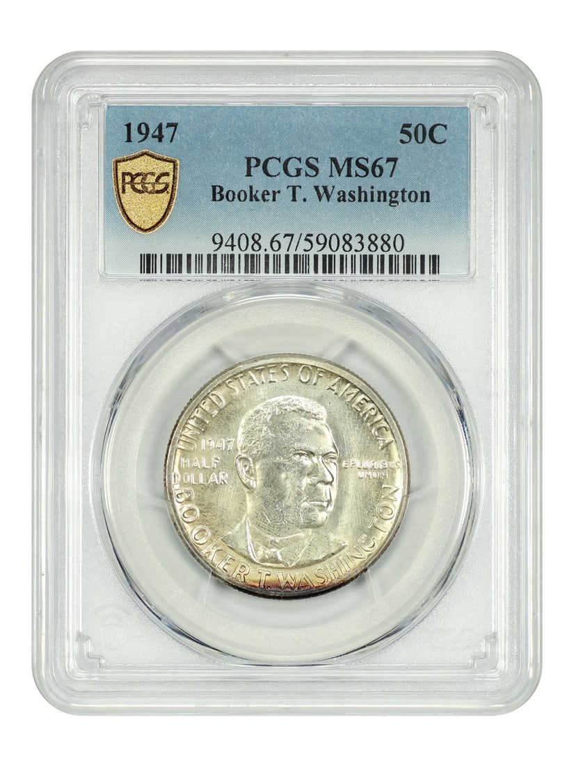 1947 Silver 50C Booker T Washington PCGS MS67 Commemorative Coin: 1947 Silver 50C Booker T Washington PCGS MS67 Commemorative Coin This 1947 50C Booker T. Washington coin is a classic silver commemorative, graded MS67 by PCGS. Issued to honor the life of Booker T. W