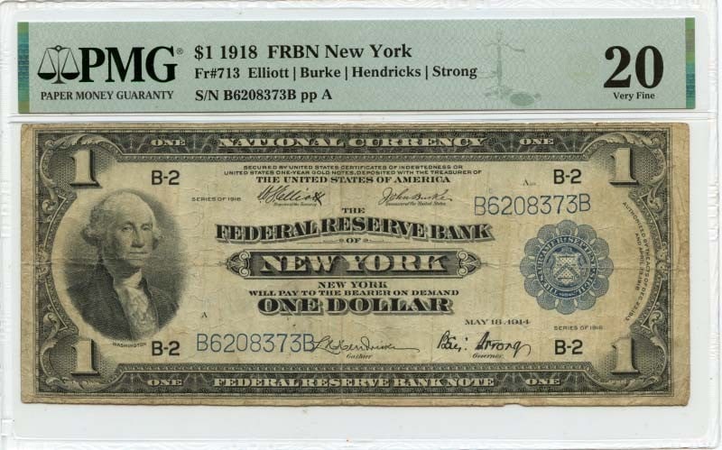 1918 One Dollar Federal Reserve Bank Note New York PMG VF20: 1918 One Dollar Federal Reserve Bank Note New York PMG VF20 This 1918 $1 Federal Reserve Bank Note from New York is a circulated example graded VF20 by PMG. Issued by the United States, it is certifie