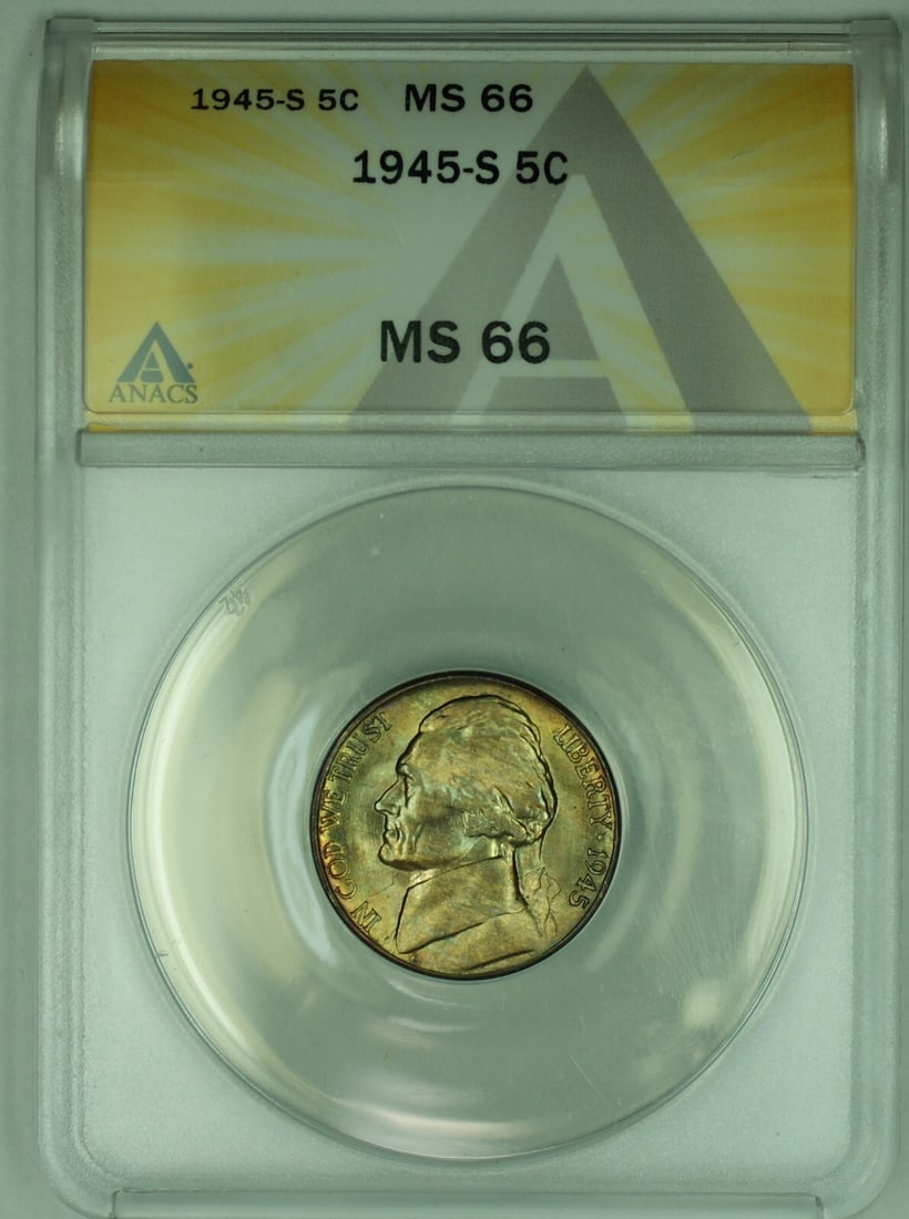 ANACS MS 66 1945-S Silver Jefferson Nickel Toned Uncirculated 5C Coin: ANACS MS 66 1945-S Silver Jefferson Nickel Toned Uncirculated 5C Coin This is a 1945-S Jefferson Silver Nickel with a 5 cent denomination from the United States. The coin is uncirculated, graded MS 66
