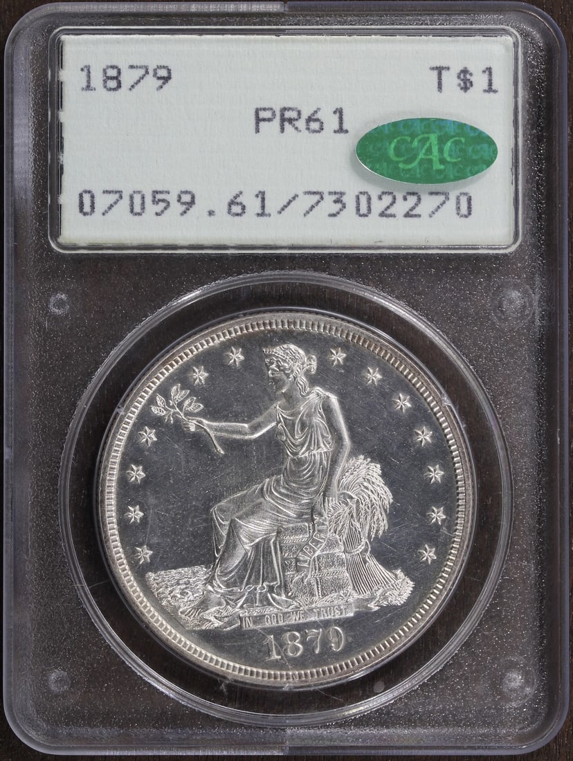 Proof 1879 Trade Dollar Silver PR61 CAC PCGS Rattler Holder: Proof 1879 Trade Dollar Silver PR61 CAC PCGS Rattler Holder This 1879 Proof Trade Dollar features a PR61 grade with CAC approval, offering a nice contrast. Certified by PCGS and struck in silver with 