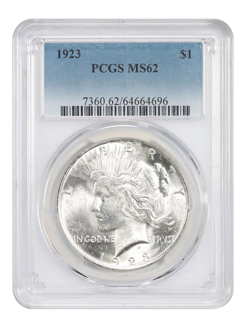 1923 Peace Dollar Silver Coin PCGS MS62 Graded Uncirculated: 1923 Peace Dollar Silver Coin PCGS MS62 Graded Uncirculated This 1923 Peace Dollar is certified by PCGS with a grade of MS62. Struck in Philadelphia, it remains in uncirculated condition, showcasing t