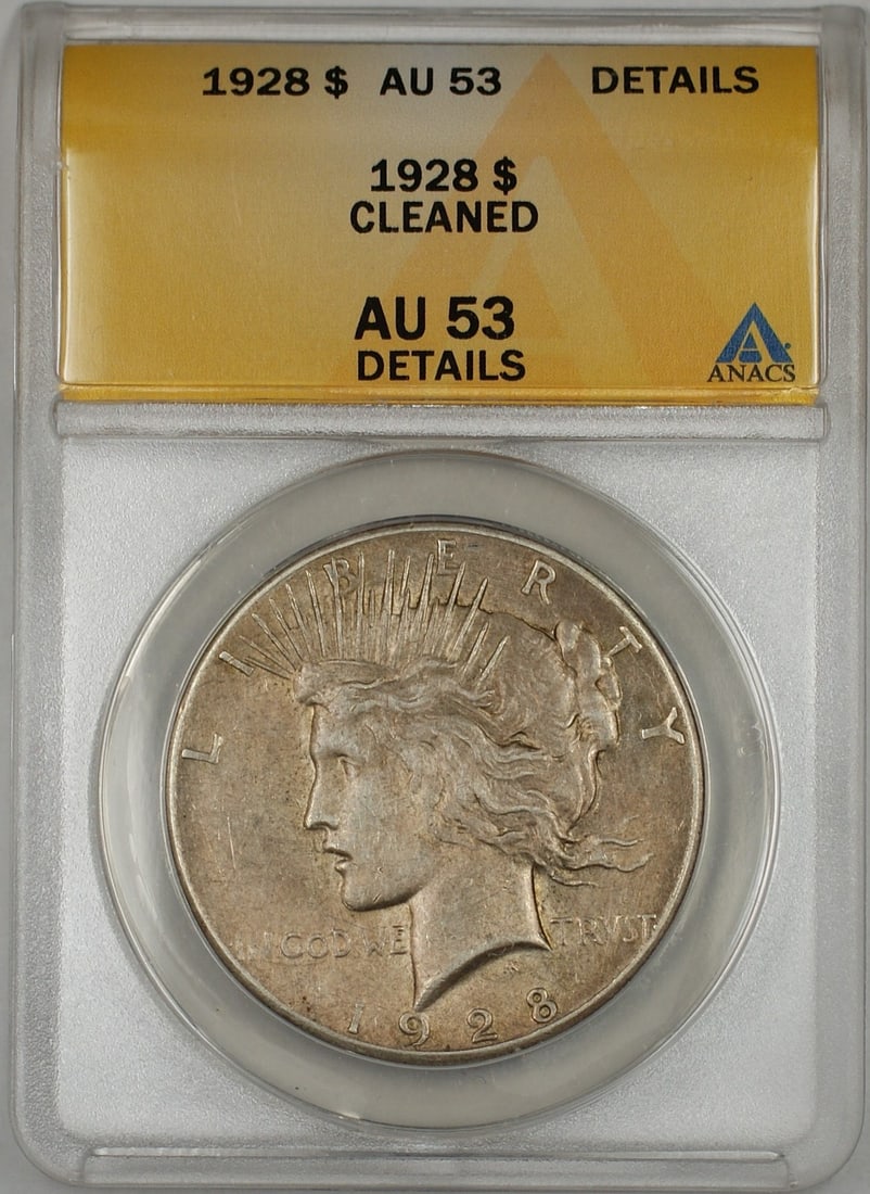ANACS AU-53 1928 Peace Dollar Silver Coin from Philadelphia Cleaned: ANACS AU-53 1928 Peace Dollar Silver Coin from Philadelphia Cleaned This 1928 Peace Silver Dollar $1 coin has been authenticated and graded AU-53 Details by ANACS. Struck in Philadelphia, it is compos